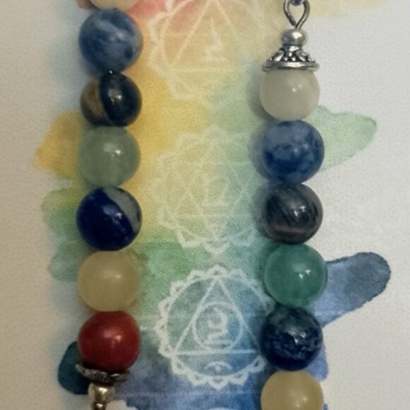 CHAKRA STONES EARRINGS, SILVERY BALI STYLE ACCENTS - Picture 5 of 7